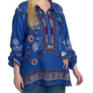 Johnny Was Biya Simmie Linen Animal Embroidered Blouse Size XL
